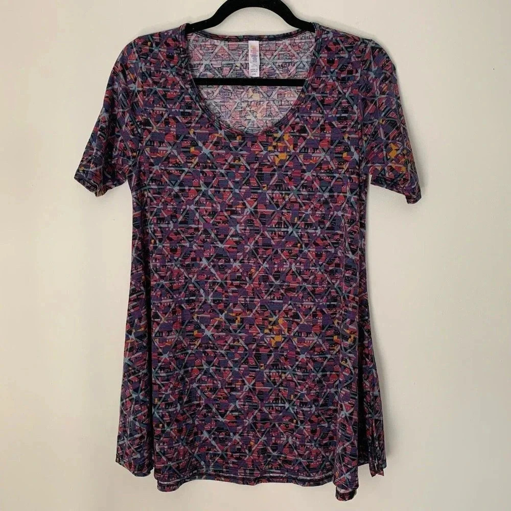 LulaRoe Shirt Women’s XXS Multicolor Short Sleeve Geo Print Round Neck Top